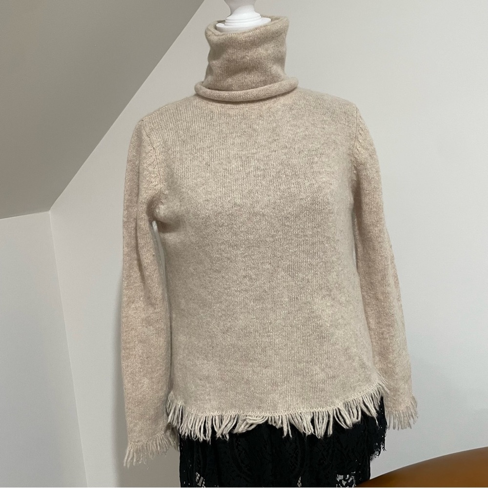BUSHWACKER  lambswool / Angora Fringe-Trim Turtleneck Sweater  Size S